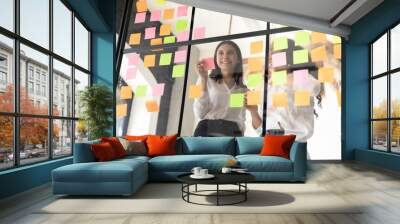 Two smiling diverse businesswomen planning project on sticky papers, adding colorful post it notes with tasks or startup ideas on glass wall in office, coaches working with scrum board together Wall mural