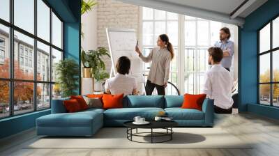 Using flip chart mixed-race business coach provides helpful information for corporate staff diverse employees. Female team leader makes presentation financial assets, liabilities for investors concept Wall mural