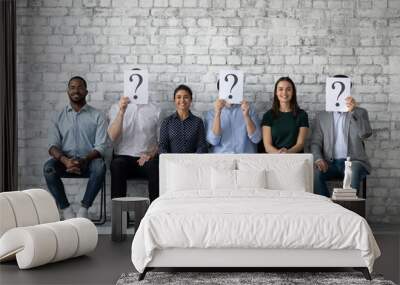 Winners of contest. Happy smiling job applicants of different gender race being chosen on vacant places among diverse candidates, three lucky people are recruited while other seekers lost their chance Wall mural