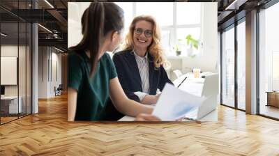 Women workmates working together do statistical analysis using pc app Wall mural