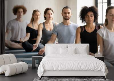 Young fit multiracial people in sportswear sitting in row on floor mat in lotus padmasana position, meditating with closed eyes and folded in mudra gesture fingers on knees at yoga group training. Wall mural