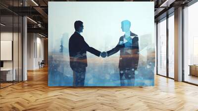 Silhouette of handshaking businessment with city silhouette background - Generative AI Wall mural