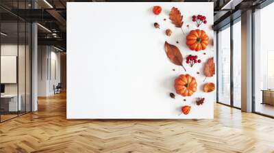 Autumn composition. Dried leaves, pumpkins, flowers, rowan berries on white background. Autumn, fall, halloween, thanksgiving day concept. Flat lay, top view, copy space Wall mural