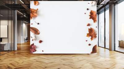 Autumn composition. Frame made of cotton flowers, dried maple leaves on pastel gray background. Autumn, fall concept. Flat lay, top view, copy space Wall mural