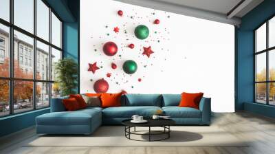 Christmas composition. Christmas red and green decorations on white background. Flat lay, top view, copy space Wall mural