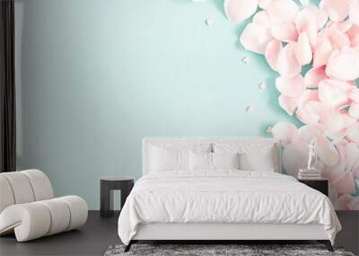 Flowers composition. Rose flower petals on pastel blue background. Valentine's Day, Mother's Day concept. Flat lay, top view, copy space Wall mural