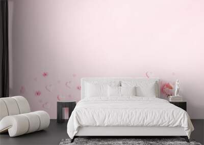 Valentine's Day background. Frame made of pink flowers, hearts on pastel pink background. Valentines day concept. Flat lay, top view, copy space Wall mural