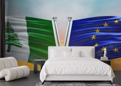 Double Flag  European Union and  Norfolk Island flag waving flag with texture sky clouds and sunset background	 Wall mural