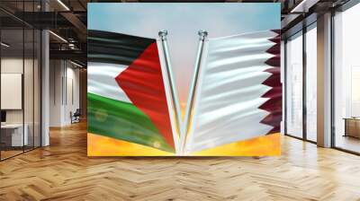 Double Flag Qatar and Palestine flag waving flag with texture sky background Wall mural