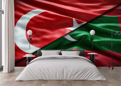 Double Flag Turkey and Maldives flag waving flag with texture Closeup background Wall mural