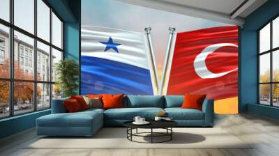 Double Flag Turkey vs Panama flag waving flag with texture sky clouds and sunset background Wall mural