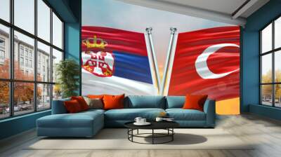 Double Flag Turkey vs Serbia flag waving flag with texture sky clouds and sunset background Wall mural