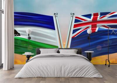 Lesotho Flag and New Zealand flag waving with texture sky Cloud and sunset Double flag  Wall mural