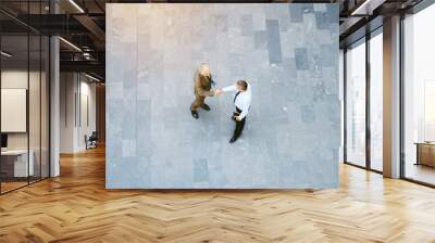 Adult businessmen standing in empty office hall and shaking hands Wall mural