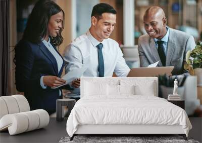 diverse group of smiling businesspeople working in an office Wall mural