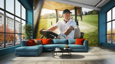 Senior man driving his golf cart on a fairway Wall mural