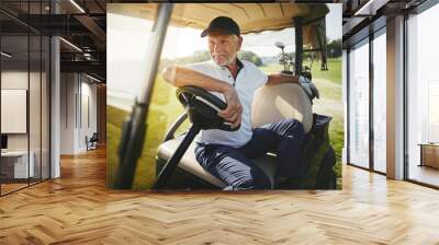 Senior man sitting in his golf cart on a fairway Wall mural