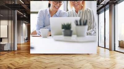 Smiling businesswomen working on a laptop at an office table Wall mural