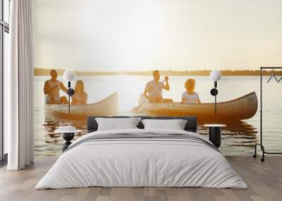 Smiling group of friends canoeing on a lake in summer Wall mural