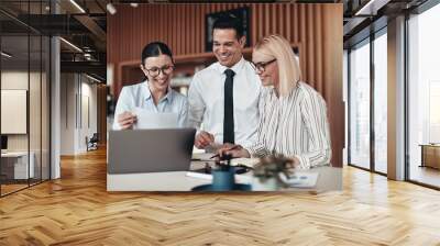 Smiling young businesspeople working at a table in an office Wall mural