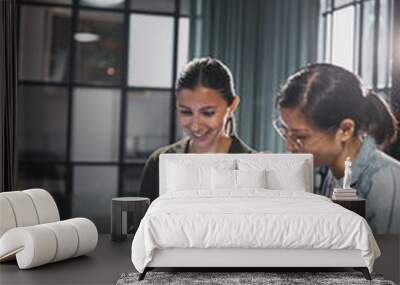 Two smiling businesswomen working on a laptop in an office Wall mural