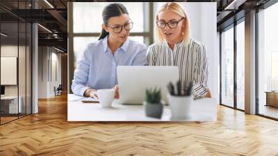 Two young businesswomen working on laptop in an office Wall mural