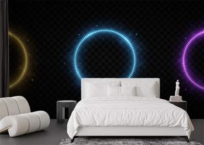 Set of colorful neon circle glowing frames, colored buttons. Frames with lights effects. Wall mural