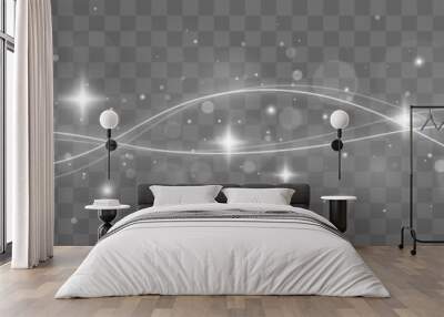 Silver lines with stars and highlights. White sparks and glitter special light effect. Glow light effect. Wall mural