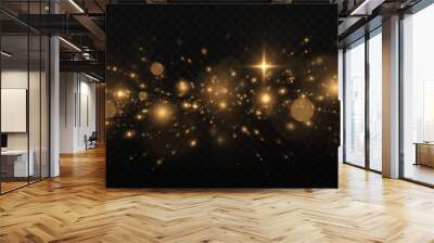 The dust sparks and golden stars shine with special light. Glitter bokeh lights isolated on a transparent background. Sparkling space magical dust particles. Wall mural