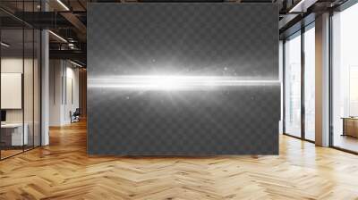 White horizontal lens flares, laser beams. Luminous abstract sparkling lines. Silver glowing star light explodes. Wall mural