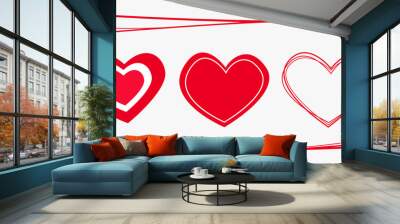 Set of red drawn hearts in lined frame. Love symbol Wall mural