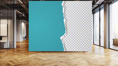 Torn, ripped piece of vertical blue paper with soft shadow are on squared white background for text. Vector illustration Wall mural