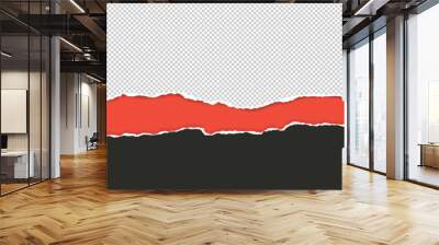 White and black paper strips with torn edges and soft shadow are on red background for text or ad. Wall mural