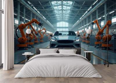 car with a futuristic design in modern industrial assembly line The background features robotic arms and a spacious well lit factory environment Wall mural