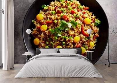 close up of food photography spicy egg fried rice with black background , generative AI Wall mural