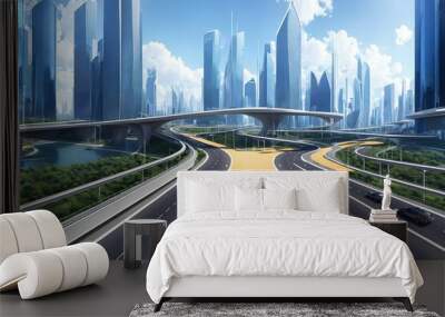 futuristic modern future city with highway road, generative art by A.I. Wall mural