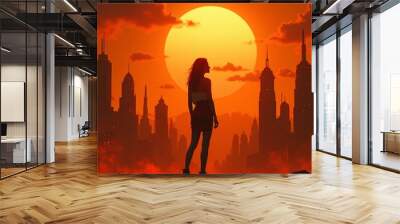 photo of back view of person standing with sun and city building in background , generative AI Wall mural