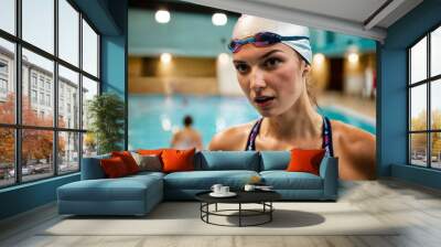 photo of beautiful angry woman as a swimmer with wound and small blood at the indoor swimming pool, generative AI Wall mural