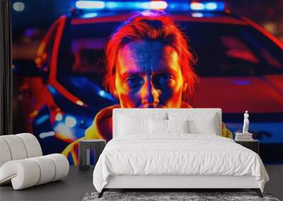 photo of portrait close up view of criminal suspect in crime scene standing in front of police car at night and red blue light, generative AI Wall mural