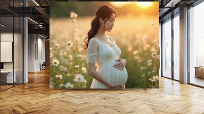 photo of pregnant woman standing in flower meadow field in sunset evening, generative AI Wall mural