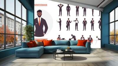 African american black businessman poses vector illustration set. Cartoon bearded business office worker in black formal suit standing or running, executive young man employee in work or rest isolated Wall mural