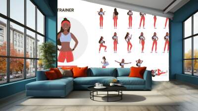 African american black fitness trainer woman poses in workout vector illustration set. Cartoon blonde character posing, training, doing sport gymnastic exercises in gym with ball, dumbbells isolated Wall mural