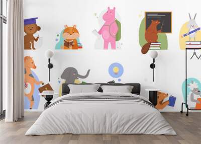 Animals study at school vector illustrations. Cartoon flat cute zoo animal kid characters reading books, learning alphabet abc by textbook, teaching or studying education concept set isolated on white Wall mural