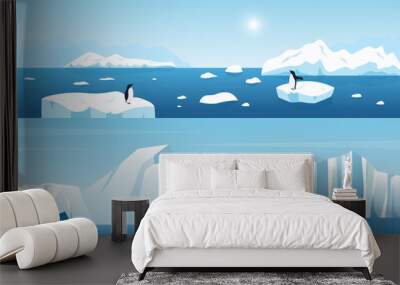 Arctic ice winter landscape scene of North vector illustration. Cartoon panorama nature scenery with penguin floating on white snow iceberg in water, polar bear animal on icy glacier coast background Wall mural