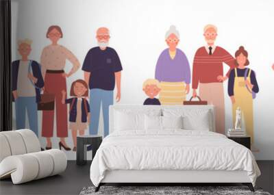 Big family portrait set vector illustration. Cartoon large group of old and young relatives standing together, grandpa and grandma, parents and children isolated on white. Generation, love concept Wall mural