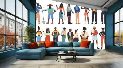 Black community, african people team of different professions set vector illustration. Cartoon young and old man woman characters in casual clothes standing together collection isolated on white Wall mural