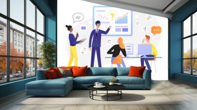 Business people teamwork in office vector illustration. Cartoon flat businessman trainer teacher character training employee students team, working with corporate board presentation isolated on white Wall mural