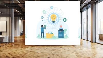 Business project development, improvement and idea implementation set vector illustration. Cartoon tiny people create idea innovation, put gear in digital circuit with light bulb, change settings Wall mural