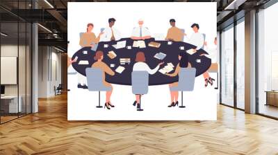 Business team managers meeting at round table. Office brainstorming and setting strategy cartoon vector illustration Wall mural