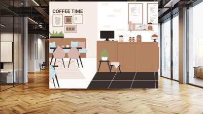 Cafe or modern open coffee shop interior vector illustration. Empty loft cafeteria or restaurant inside, coffee machine, tables, lounge and stools, bar counter and board menu on wall background Wall mural